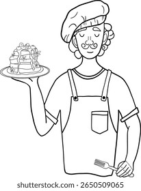 Baker homem está segurando o prato de panquecas. Ilustração desenhada à mão vetorial. Isolado no fundo branco.