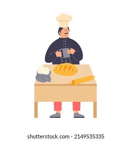 Baker man with mustache preparing bread loaf, flat cartoon vector illustration isolated on white background. Baker chef in process of making and baking bread item.