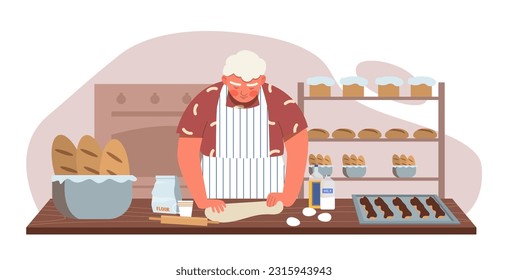 Baker man prepara el concepto del producto. Un chico joven en un delantal en la cocina con masa y huevos. Pequeños negocios, cafetería y restauración. Cuevas y baguette, productos de suelo. Dibujo vectorial plano de dibujos animados