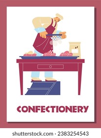 Baker man sprinkle flour on the bread, vector illustration isolated on white. Male in uniform, chef s hat and apron at work, prepare pastry on table in bakery. Drawing in simple flat cartoon style