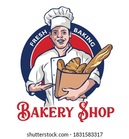 Baker man vector illustration carrying big bread, perfect for bakery shop and food brand mascot logo
