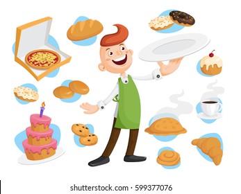 Baker with many kinds of baking. Fresh pizza, bread, bun, cake, donut, pie, biscuit, bagel, coffee. Vector illustration for poster, advertising, restaurant, menu
