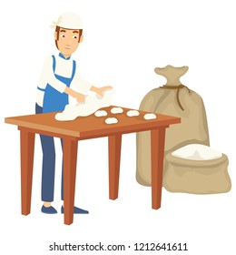 A baker mix the ingredients of bread before cooked