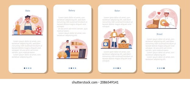 Baker mobile application banner set. Chef in the uniform baking bread. Baking pastry process. Bakery worker cooking pastries goods. Isolated vector illustration