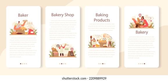 Baker Mobile Application Banner Set. Küchenchef im einheitlichen Backbrot. Backgebäck. Bäckereiarbeiter, die Backwaren in einem Bäckerei verkaufen. Flache Vektorgrafik