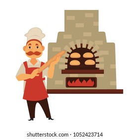 Baker with mustache and baguette stands near brick stove