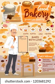 Baker with mustache holding menu. Bakery and pastry shop. Wheat flour sack and cake, roll and cheesecake, pretzel and cupcake, dough and waffle, marmalade and pastries. Vector