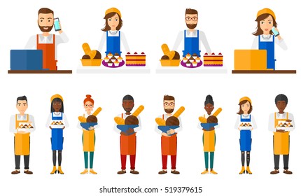 Baker offering different pastry. Baker standing at the counter with bakery products. Bakery owner holding basket with bread. Set of vector flat design illustrations isolated on white background.