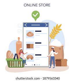 Baker online service or platform. Chef in the uniform baking bread. Baking pastry process. Bakery worker. Online store. Isolated vector illustration