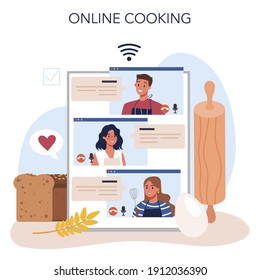 Baker online service or platform. Chef in the uniform baking bread. Baking pastry process. Bakery worker. Online cooking. Isolated vector illustration
