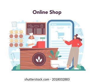 Baker Online-Service oder Plattform. Küchenchef im einheitlichen Backbrot. Backgebäck. Bäckerei, Konditorei. Online-Shop. Flache Vektorgrafik