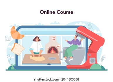 Baker online service or platform. Chef in the uniform baking bread. Baking pastry process. Bakery, pastries goods shop. Online course. Flat vector illustration