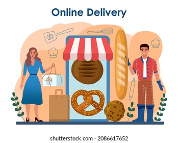 Baker online service or platform. Chef in the uniform baking pastry. Bakery worker selling pastries goods in a shop. Online delivery. Flat vector illustration