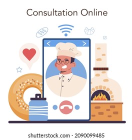 Servicio o plataforma en línea Baker. Chef con el uniforme de pan. Trabajador de panadería cocinando pasteles. Consulta en línea. Ilustración vectorial plana