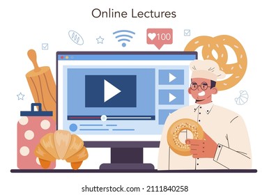 Baker online service or platform. Chef in the uniform baking bread. Bakery worker cooking pastries goods. Online lecture. Flat vector illustration