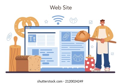 Baker Online-Service oder Plattform. Küchenchef im einheitlichen Backbrot. Bäckereiarbeiter kochen Backwaren. Website. Flache Vektorgrafik