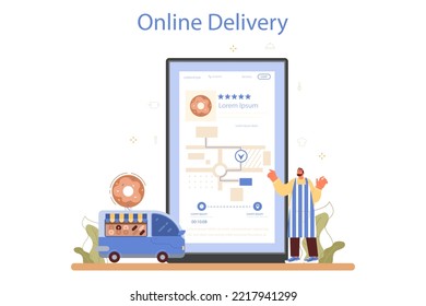 Baker online service or platform. Chef in the uniform baking bread and pastry. Bakery worker selling bakery products. Online delivery. Flat vector illustration