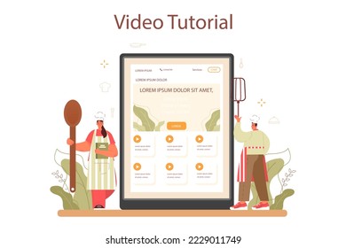 Baker Online-Service oder Plattform. Küchenchef im einheitlichen Backbrot. Bäckereiarbeiter, die Backwaren in einem Bäckerei verkaufen. Video-Tutorial. Flache Vektorgrafik