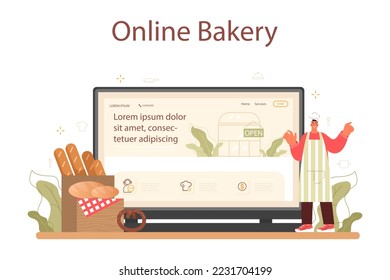 Baker Online-Service oder Plattform. Küchenchef im einheitlichen Backbrot. Bäckereiarbeiter, die Backwaren in einem Bäckerei verkaufen. Online Bäckerei. Flache Vektorgrafik