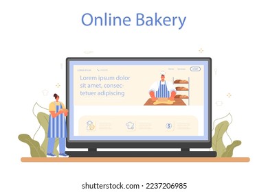 Baker online service or platform. Chef in the uniform baking bread and pastry. Bakery worker selling bakery products. Online bakery. Flat vector illustration