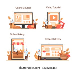 Baker online service or platform set. Chef in the uniform baking bread. Baking pastry process. Online course, delivery, video tutorial. Isolated vector illustration