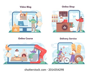 Baker online service or platform set. Chef in the uniform baking bread. Baking pastry process. Bakery, pastries goods shop. Online shop, course, delivery service, video blog. Flat vector illustration