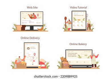 Baker Online Service oder Plattform Set. Küchenchef im einheitlichen Backbrot. Bäckereiarbeiter, die Backwaren in einem Bäckerei verkaufen. Online Bäckerei, Lieferung, Website, Video-Tutorial. Flache Vektorgrafik