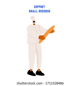 Baker in the period of quarantine. Bright vector flat illustration with baker in mask. Support small business.
