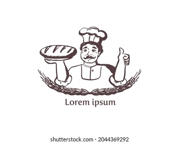 Baker portrait with bread showing thumbs up, bakery label cartoon vector illustration with wheat ears. Retro style logo design template