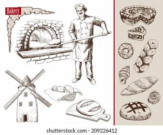 baker prepares bread in a stone oven vector illustration