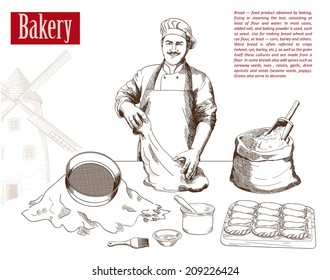 baker prepares bread in a stone oven vector illustration