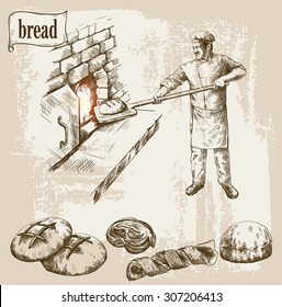 baker prepares bread in a stone oven vector illustration