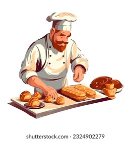 The baker, prepares croissants and baguettes icon isolated