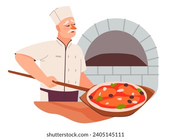 The baker is preparing pizza. The cook takes the pizza out of the oven. Flat vector illustration