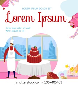 Baker Presenting Big Wedding or Birthday Cake. Confectionery, Pastry Shop Poster, Social Media Template. Bakery or Food to Order Service. Celebration. Cartoon Flat Vector Illustration. Square Banner