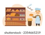 Baker presenting fresh treats and delights vector illustration. Tasty bread, donuts, muffins, croissants, baguettes and pastries on shelves. Bakery, food, culinary concept
