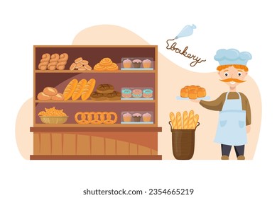 Baker presentando tratamientos frescos y deleita la ilustración vectorial. Pan delicioso, donuts, magdalenas, croissants, baguettes y bollería en las estanterías. Panadería, comida, concepto culinario