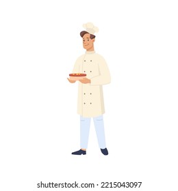Pasteles y postres de producción de panadería, un chef aislado que trabaja en la zona y produce productos locales. Hombre con uniforme, repostería y pastelería. Vector de dibujos animados planos