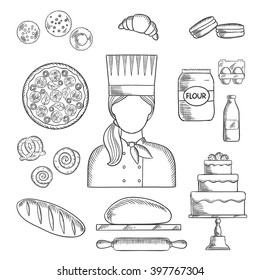 Baker profession icons with bread and cake, pizza and macarons, croissant and cupcakes, cookies and pretzel, cinnamon rolls and dough with rolling pin, milk and flour, eggs and baker in chef uniform