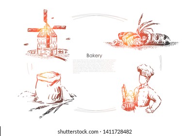 Baker profession, natural bread products, windmill, tasty baking, long loaf, sweet bun and wheat spike, bakery banner. Young man in chef cap with baget concept sketch. Hand drawn vector illustration