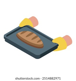 Baker with protective gloves holding baking sheet with freshly baked bread isometric icon