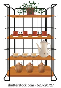 Baker rack with cups and plant