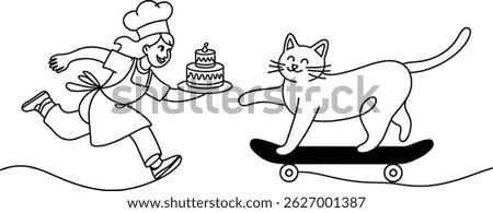Baker running with cake meeting cat skateboarding cartoon illustration in black and white