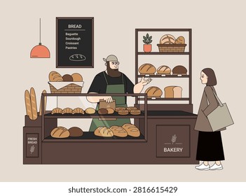 Baker Serving Customer at Artisan Bakery Counter. Friendly baker handing a paper bag with fresh bread to a customer in a cozy artisan bakery. Interior with bread display, pastries, shelves and handcrafted baked goods. Flat vector illustration for bakery, food retail, local business and customer service concepts.