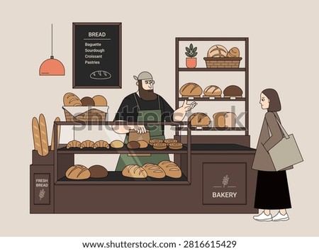 Baker Serving Customer at Artisan Bakery Counter. Friendly baker handing a paper bag with fresh bread to a customer in a cozy artisan bakery. Interior with bread display, pastries, shelves and handcrafted baked goods. Flat vector illustration for bakery, food retail, local business and customer service concepts.