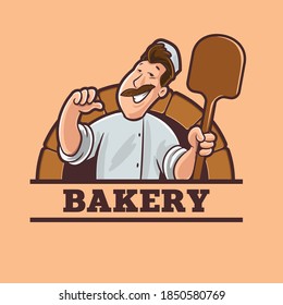 baker with shovel works in the oven