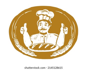Bäcker mit Daumen, Bäckerei-Abzeichen oder Label Vintage-Stil Vektorgrafik mit Brot. Retro-Logo-Design-Vorlage goldene Farbe