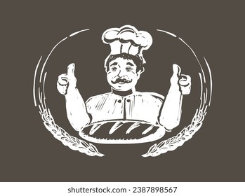 Baker showing thumbs up, bakery badge or label vintage style vector illustration with bread. Retro style logo design template
