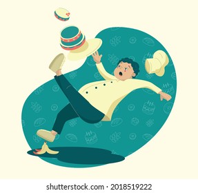 Baker slips on a banana peel. Young chef falls with a birthday cake in hands. Funny situation in bakery. Vector illustration set of two pictures with a baker.