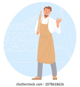 Baker - small business illustrations. Handsome baker in uniform holding ram with bread shelves on the background. Vector concept.